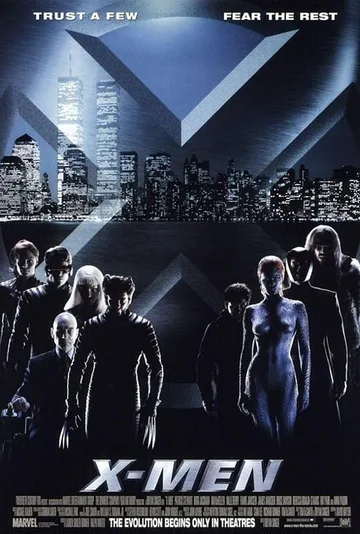 This is the theatrical poster for the 2000 film X-Men, featuring the iconic "X" logo overlaid on a skyline that prominently includes the Twin Towers.