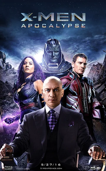 This is the official theatrical poster for the 2016 film X-Men: Apocalypse, designed by artist CAMW1N.The poster features the main cast, including James McAvoy as Professor X, Michael Fassbender as Magneto, and Olivia Munn as Psylocke.