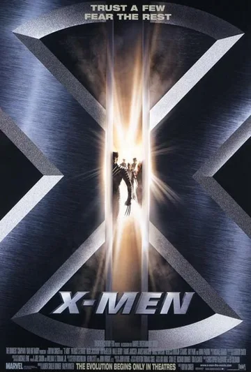 This is the theatrical poster for the 2000 film X-Men, directed by Bryan Singer.The poster features the large metallic "X" logo, which serves as a central design element.