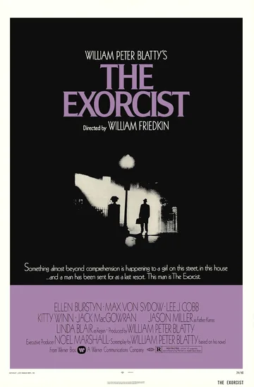 This is an original theatrical poster for the 1973 horror film The Exorcist.The poster features iconic artwork by Bill Gold, depicting a silhouette of a figure holding a briefcase under a streetlamp.It highlights the film's director, William Friedkin, and author/producer, William Peter Blatty.