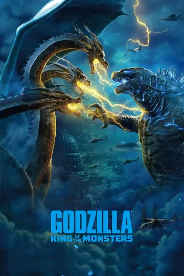 This is the official theatrical poster for the 2019 film Godzilla: King of the Monsters, depicting a battle between Godzilla and King Ghidorah.The poster features high-definition imagery of the two kaiju surrounded by lightning, with the film's title prominently displayed at the bottom.