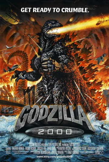 This is the theatrical poster for the 1999 Toho kaiju film Godzilla 2000: Millennium.The image features Godzilla blasting his atomic breath while amidst city destruction.Hidden in the background behind Godzilla are the glowing yellow eyes of the alien villain, Orga.