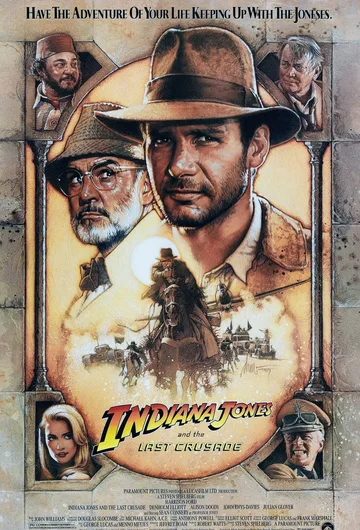 This is the theatrical poster for the 1989 action-adventure film Indiana Jones and the Last Crusade.The artwork, created by illustrator Drew Struzan, features lead actors Harrison Ford and Sean Connery.
