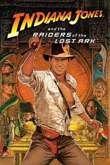 This poster art is for the 1981 film Indiana Jones and the Raiders of the Lost Ark, featuring Harrison Ford and illustrated by Richard Amsel.