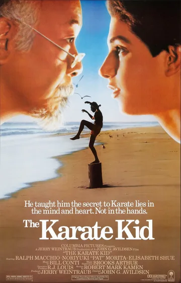 This image shows the iconic 1984 theatrical release poster for the film "The Karate Kid," featuring prominent faces of the main characters.