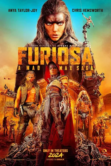 This is the official theatrical poster for Furiosa: A Mad Max Saga, released in 2024.