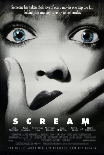 This image features the theatrical release poster for the 1996 slasher film Scream, directed by Wes Craven.