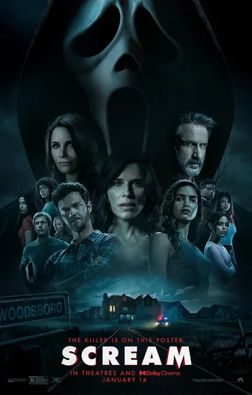 This image shows the official theatrical poster for the 2022 film Scream, directed by Matt Bettinelli-Olpin and Tyler Gillett.