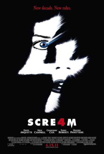 This poster features the theatrical release art for the 2011 slasher film Scream 4, which was directed by Wes Craven.