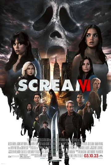 This poster is for the 2023 slasher film Scream VI, featuring the iconic Ghostface mask looming over the New York City skyline.