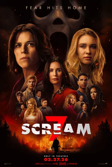 This image is a promotional poster for the horror film Scream 7, scheduled for release on February 27, 2026.
