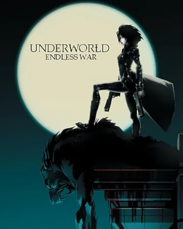 This image is the promotional poster for Underworld: Endless War, a 2011 animated anthology set within the Underworld film universe.The poster features the main character, the vampire Selene, standing atop a werewolf known as a Lycan.