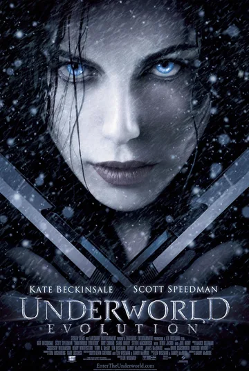 This image is the movie poster for the 2006 action-horror film Underworld: Evolution, starring Kate Beckinsale as the vampire warrior Selene.