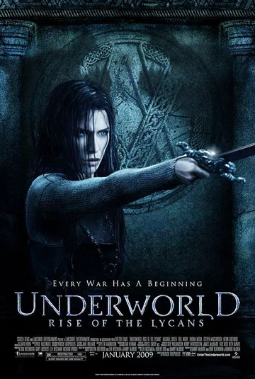 This is the theatrical poster for the 2009 action-horror film Underworld: Rise of the Lycans.