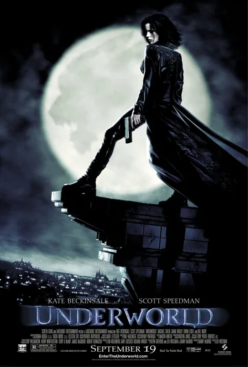 This poster features Kate Beckinsale in the 2003 action-horror film Underworld.