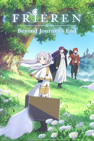 The image shows the key visual poster for the fantasy anime series Frieren: Beyond Journey's End, featuring the immortal elf mage Frieren in the foreground holding a trunk, alongside her traveling companions Fern and Stark in a grassy field.