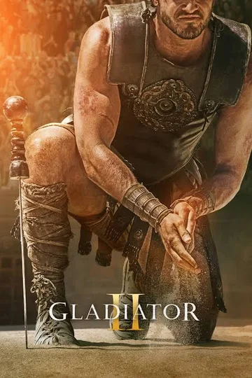 The image shows the official promotional poster for Ridley Scott's historical epic action film Gladiator II (2024), starring Paul Mescal as Lucius in the arena.