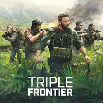 This image shows the official promotional poster for the 2019 action-adventure film Triple Frontier, directed by J. C. Chandor and distributed by Netflix.