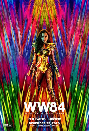 This image shows the theatrical release poster for the 2020 superhero film Wonder Woman 1984, starring Gal Gadot in the golden eagle armor against a vibrant, multicolored abstract background.
