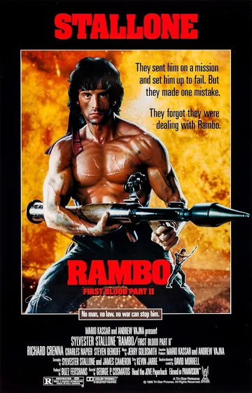 The image shows an official theatrical release poster for the 1985 action-thriller movie Rambo: First Blood Part II.