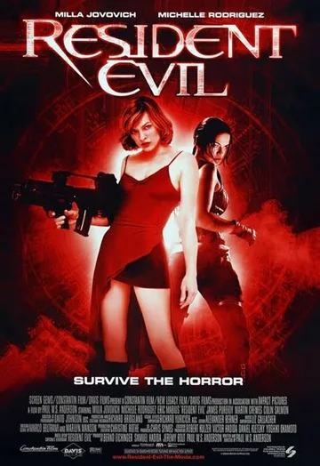 This image shows the theatrical release poster for the 2002 action-horror film Resident Evil, directed by Paul W.S. Anderson.