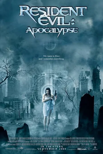 This image shows the theatrical release poster for the 2004 action horror film Resident Evil: Apocalypse, starring Milla Jovovich as Alice.
