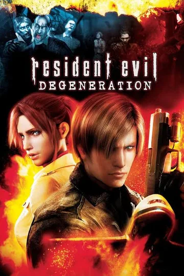The image is the official promotional poster for the 2008 computer-animated feature film Resident Evil: Degeneration, featuring main protagonists Leon S. Kennedy and Claire Redfield.