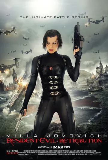 This image shows the theatrical release poster for the 2012 sci-fi action horror film Resident Evil: Retribution, starring Milla Jovovich as the protagonist Alice.
