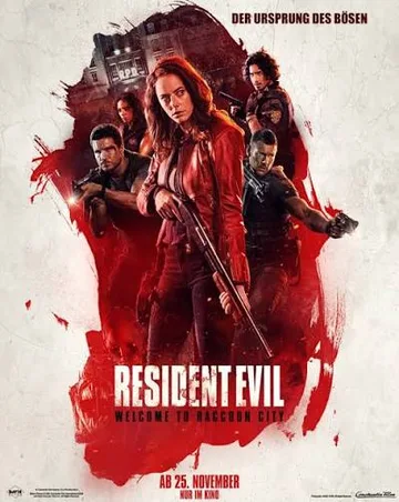 The image is a promotional poster for the 2021 action-horror film Resident Evil: Welcome to Raccoon City, directed by Johannes Roberts.