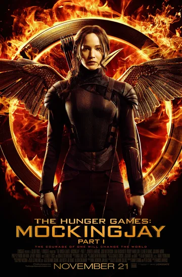 The image shows a theatrical release poster for The Hunger Games: Mockingjay – Part 1, a 2014 American dystopian science fiction film directed by Francis Lawrence.