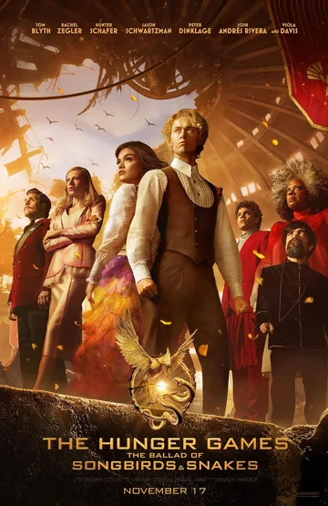 The image displays the official theatrical poster for The Hunger Games: The Ballad of Songbirds & Snakes, an action-adventure dystopian sci-fi film released in November 2023.