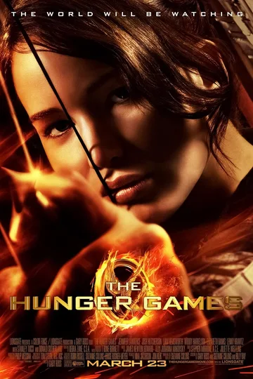 The image displays an official theatrical release poster for the 2012 dystopian action film The Hunger Games, featuring the lead character Katniss Everdeen.