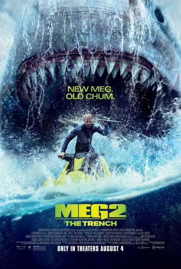 This image is the official theatrical release poster for Meg 2: The Trench, a 2023 science-fiction action horror film directed by Ben Wheatley.