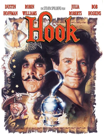 The image is the theatrical release poster for the 1991 fantasy adventure film Hook, directed by Steven Spielberg.