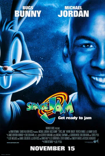 The image shows the official theatrical movie poster for the 1996 live-action/animated comedy film Space Jam, featuring Bugs Bunny and basketball star Michael Jordan
