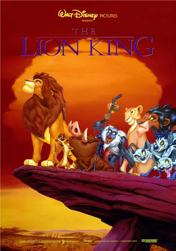 The image shows the official theatrical release poster for the 1994 animated musical drama film The Lion King, featuring Mufasa, Simba, and other core characters atop Pride Rock