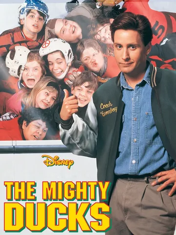 The image shows the official theatrical movie poster for the 1992 sports comedy film The Mighty Ducks, starring Emilio Estevez as coach Gordon Bombay