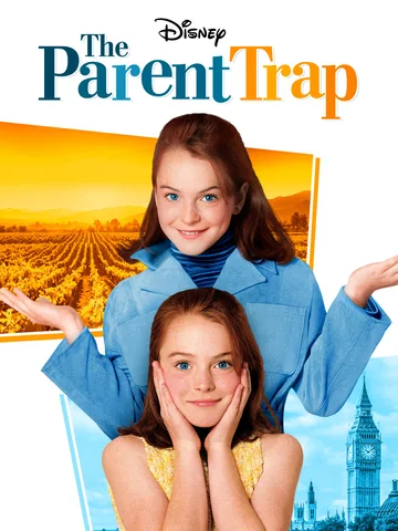 This image is the official movie poster for the 1998 Disney comedy The Parent Trap, starring Lindsay Lohan in a dual role as twin sisters Hallie Parker and Annie James.