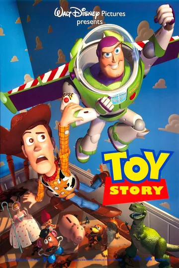 The image shows the official theatrical release poster for the 1995 animated film Toy Story, featuring the main characters Woody and Buzz Lightyear.