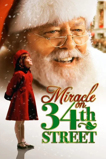 The image shows the official movie poster for the 1994 holiday family drama Miracle on 34th Street, featuring actor Richard Attenborough as Kris Kringle and child actress Mara Wilson as Susan Walker.