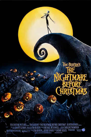 The image shows the official theatrical release movie poster for the 1993 stop-motion animated dark fantasy film The Nightmare Before Christmas