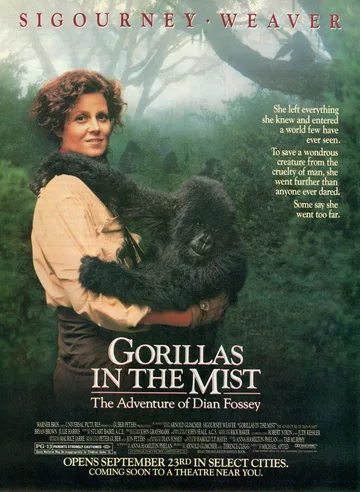 The image shows the theatrical movie poster for the 1988 biographical drama Gorillas in the Mist starring Sigourney Weaver.
