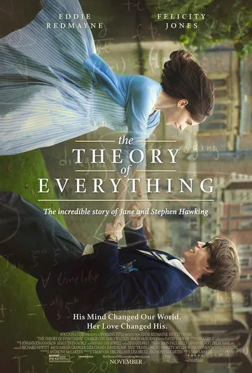The image is the movie poster for the 2014 biographical romantic drama film The Theory of Everything.