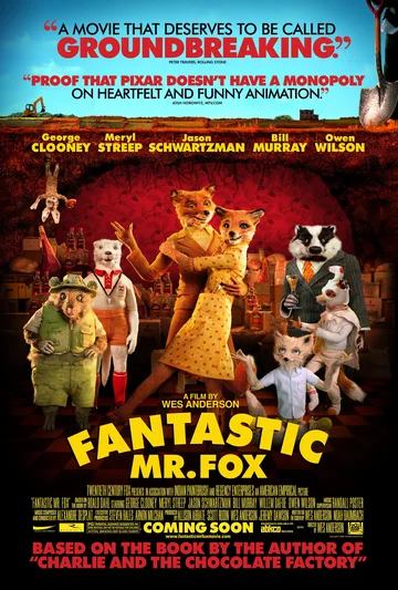 The image shows the theatrical release poster for the 2009 stop-motion animated comedy film Fantastic Mr. Fox, directed by Wes Anderson and based on the book by Roald Dahl.