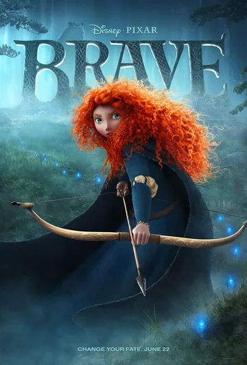 The image shows the theatrical release poster for the Disney-Pixar animated film Brave (2012), featuring Princess Merida holding her bow.