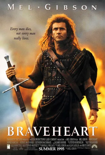 This image shows the official 1995 theatrical release poster for the historical drama film Braveheart, featuring actor Mel Gibson as the Scottish warrior William Wallace.