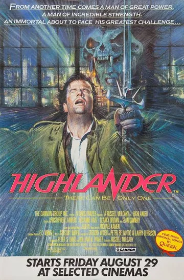 This image shows a vintage theatrical release poster for the 1986 action-fantasy movie Highlander.