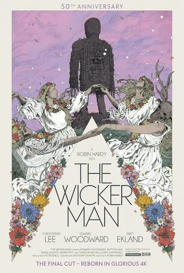 This is the 50th-anniversary official movie poster for the 1973 folk-horror classic The Wicker Man, featuring illustration work by artist Richey Beckett